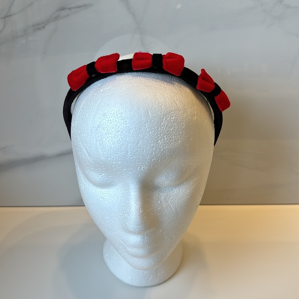 Black Velvet 3 Dimensional Headband with 3 Red Velvet Bows 1/2” wide - Picture 2 of 9